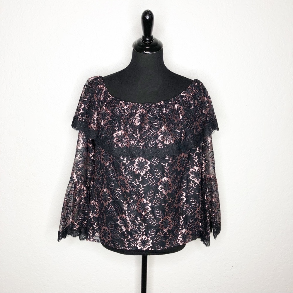 WHBM black pink metallic floral lace off‎ shoulder top size 16
